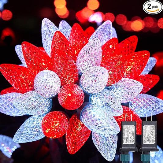 Brightown C9 Christmas Lights Outdoor 2 Pack - Total 162 FT 200 LED C9 String Lights, with Timing & Memory, 8 Modes, Connectable, Waterproof - for Indoor Outside Tree Home Yard Decoration, Red&White