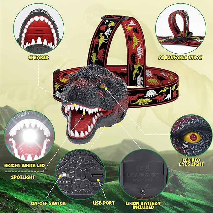 Dinosaur Headlamp for Kids Flashlight Rechargeable Led Headlights Roar & Silent Mode, T-Rex Dinosaur Toys for Kids 3-5 4-6 5-7 6-8, Camping Gear, Easter Gifts for Boys Girls Adults