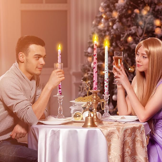 5 Pcs Valentines Day LED Flameless Candle Set Valentine Day Flameless Taper Candles with Heart Battery Operated Seasonal Celebration with Remote for Wedding Romantic Night