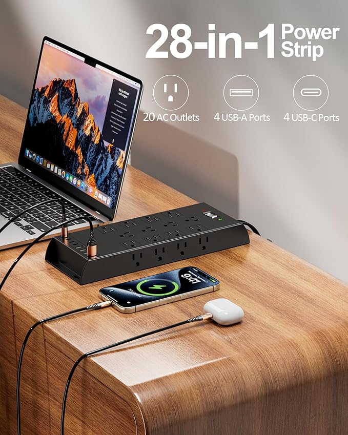Surge Protector Power Strip 4800J, LeZone 10Ft Long Extension Cord Flat Plug, 20 Outlets 8 USB Ports(4 USB-C), Wall Mountable, Desk Charging Station, Black