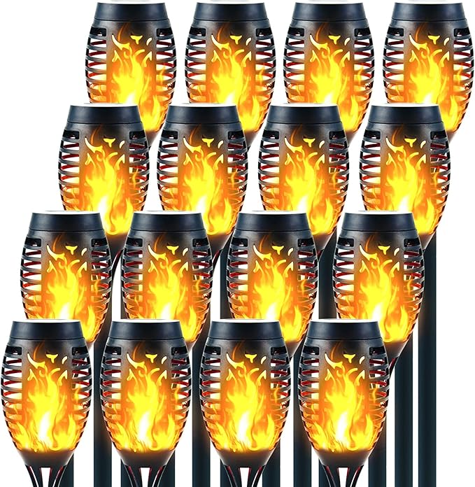 Mini Solar Torch Lights with Flickering Flame - Waterproof Outdoor Tiki Torches with 12LED Auto On/Off, Super Bright Landscape Lighting for Garden, Yard, Patio & Pathway Decor (16 Pack)