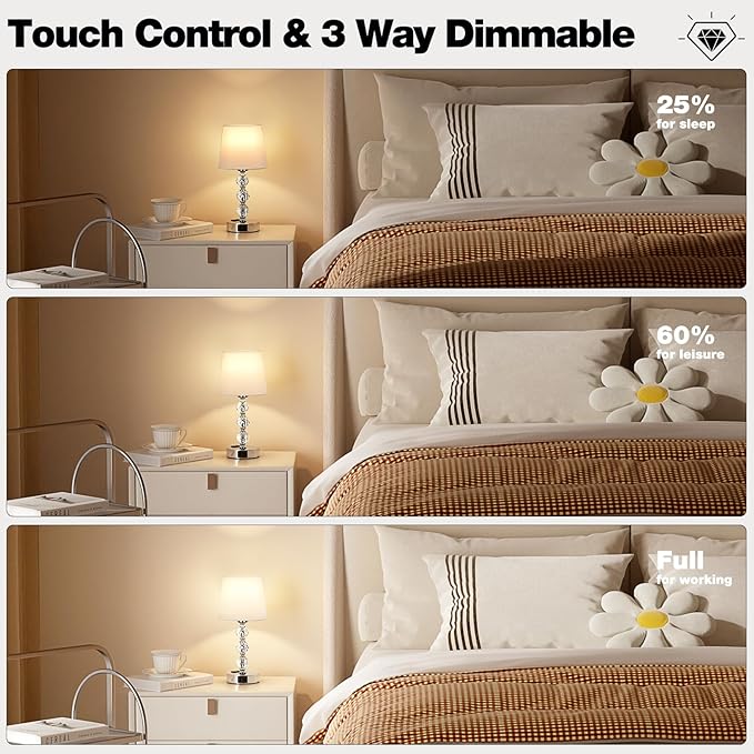 Acaxin Crystal Table Lamp Set of 2 for Bedroom/Living Room, 14.6in (White)