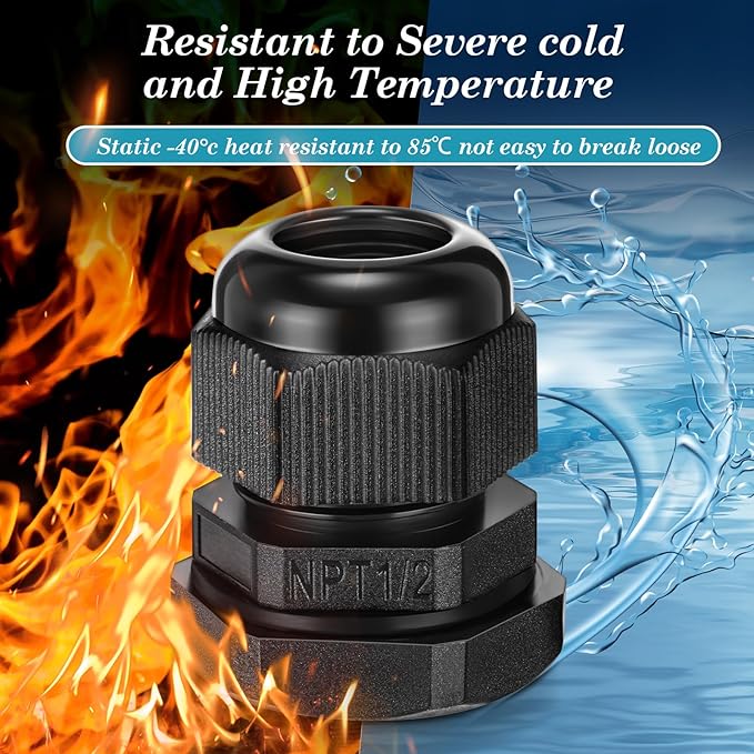 100 Pcs 1/2" NPT Black Nylon Cable Gland, Waterproof IP68 Adjustable Locknut Cable Diameter Waterproof Connectors Black Cord Grip