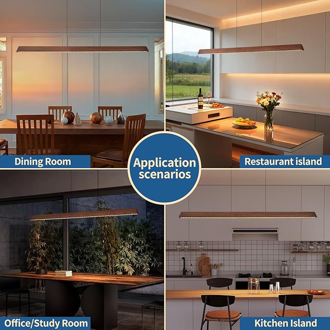 70" Wood Linear Pendant Light, Dimmable Kitchen Island Lighting with Remote, 30W LED Island Lights for Kitchen, Adjustable Linear Chandelier for Dinning Room Light Fixture, Bar, Pool Table - Walnut