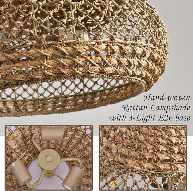 18.89" Large Rattan Pendant Light Fixture, Boho Ceiling Hanging 3-Light Hand-Woven Wicker Chandelier, Suitable for Kitchen Islands, Dining Rooms, and Farmhouses.