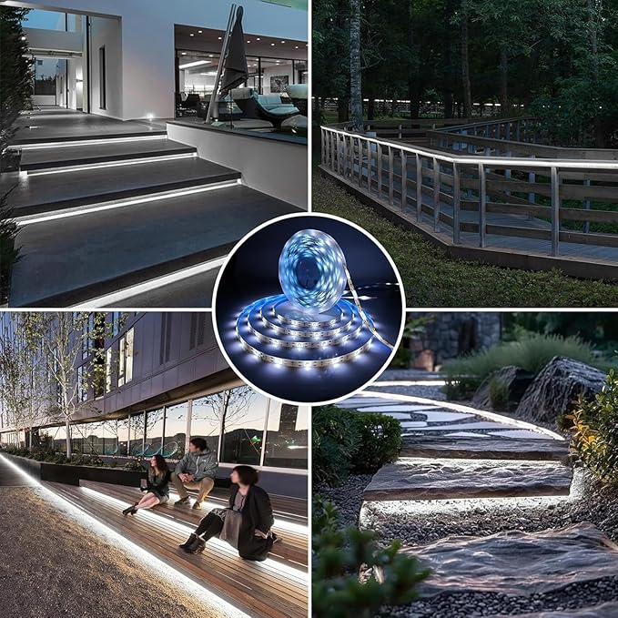 Solar LED Strip Lights Outdoor Waterproof 19.6FT 180 LED White Cuttable Solar Powered Tape Light for Outside, Pool, Stair, Accent Lighting (Upgraded Version)