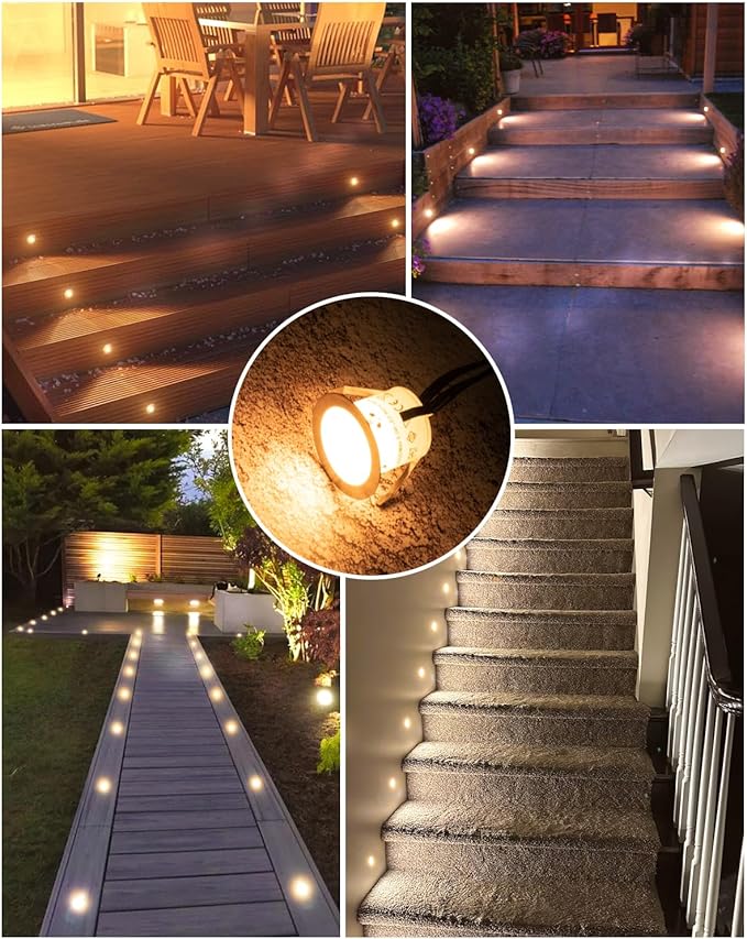 HIBOITEC Recessed LED Deck Light Kits(16Pack), 12V Low Voltage Landscape Lighting IP67 Waterproof Outdoor Step Stair Lights Warm White Deck Lighting for Garden Yard Steps Stair Patio Floor Decoration