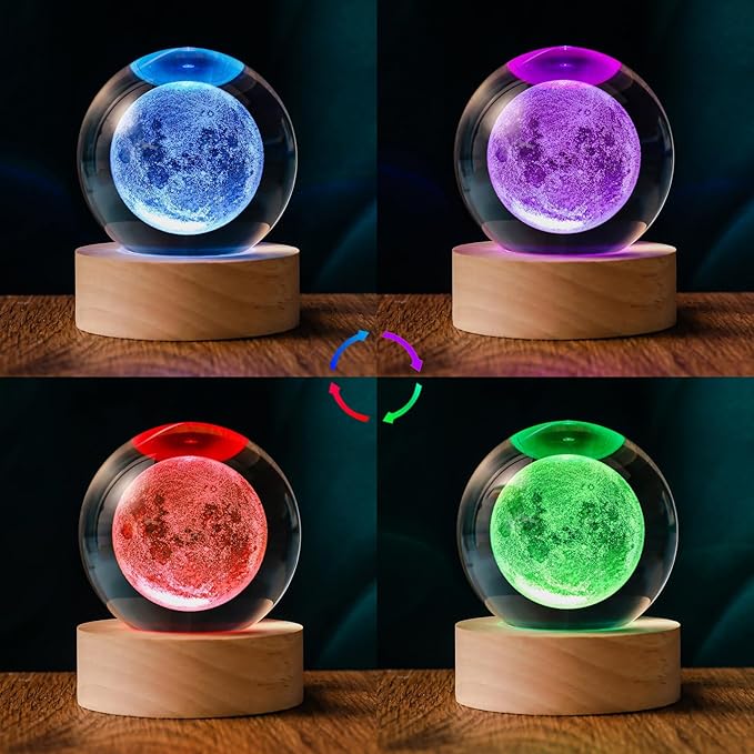 3D Moon 60mm Crystal Ball Astronomy Universe Gifts 3D Moon Model Led Lamp Globe Night Light Physics Gifts for Kids Men Women Him Her Dad Science Teacher