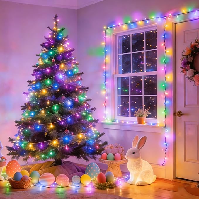 BrizLabs RGB Color Changing String Lights, 33FT 100 LED Pastel Easter Lights with Remote, Dimmable Red White Blue July 4th Light String, USB Mini Christmas Light for Indoor Xmas Halloween Party Tree