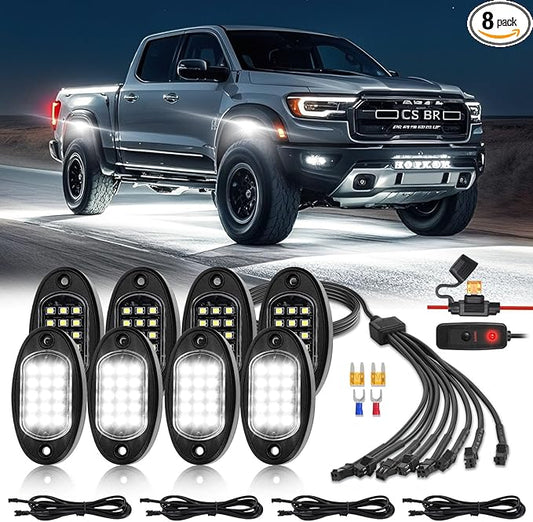 8 Pods White LED Rock Lights for with Switch Extension Harness, 6000K 24 LEDs Pure White Underglow Kit for Truck Trailer Offroad SUV UTV RZR, IP68 Waterproof Under Trail Rig Fender Lighting