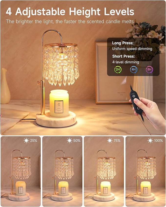 Candle Warmer Lamp with Timer Dimmer and 3 Bulbs, Candle Lamp Warmer with Marble Base for Adjustable Height, Crystal Candle Lamp for Jar Candles, House Warming Gifts Home Room Decor, French Gold