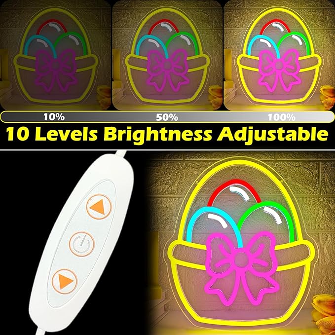 Easter Neon Sign Egg Basket LED Sign for Wall Decor USB Eggs Light Sign for Bar Kitchen Bedroom Easter Decorations Neon Wall Art Light Up Basket Sign for Wall Table Window Festive Decoration Gifts for Family Friends