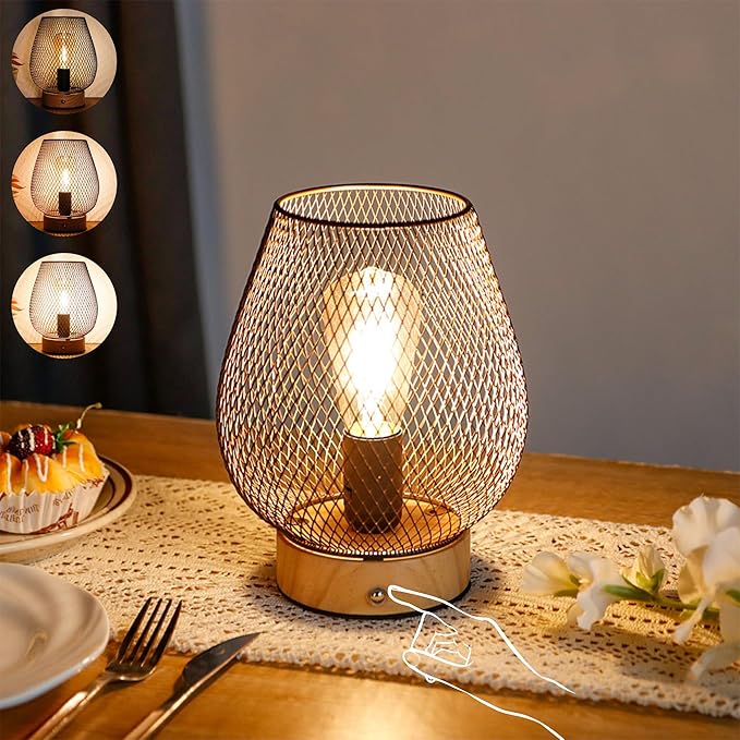 JHY DESIGN Dimmable Touch Bedside Table Lamp Metal Rechargeable Battery Powered Lamp with LED Bulb for Weddings Parties Patio Events for Indoors Outdoors(Bronze Egg, Wooden Base)