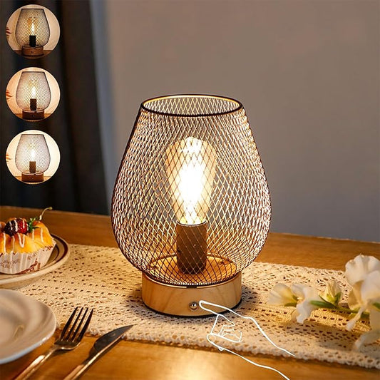JHY DESIGN Dimmable Touch Bedside Table Lamp Metal Rechargeable Battery Powered Lamp with LED Bulb for Weddings Parties Patio Events for Indoors Outdoors(Bronze Egg, Wooden Base)
