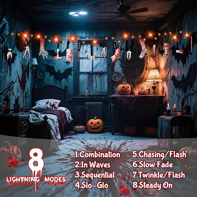 Halloween Party Decorations with 11FT Halloween Lights String and 15 Fake Props, 8 Modes Timer Waterproof Indoor Outdoor Battery Operated, Orange
