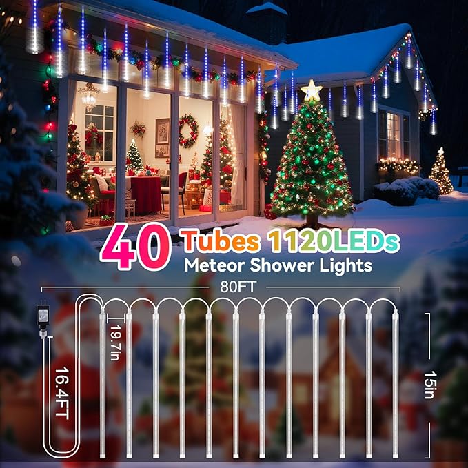 KNONEW 40 Tubes 1120 LED Meteor Shower Lights Christmas Lights Outdoor Plug in Waterproof Falling Rain Light for Xmas Tree Wedding Party Garden Holiday Rooftop Decorations (Blue and Cool White)