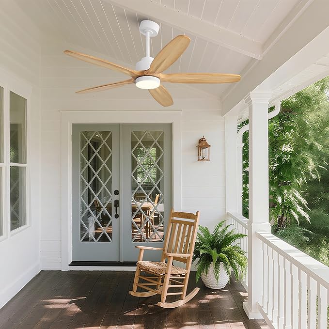 WINGBO 54" Ceiling Fan with Light - 5 Carved Solid Wood Blades, 6-Speed Reversible DC Motor, Dimmable, 3CCT, Noiseless Remote Control Ceiling Fans with Lights for Bedroom Living Room, White and Oak