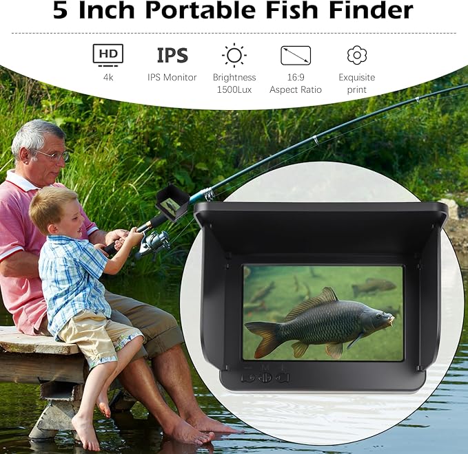 Underwater Fishing Camera 5 Inch, 4K HD IPS Monitor Fish Finder 220° Wide Angle IP68 Waterproof Infrared Night Vision with 98ft Cable, 8000mAh Fishing Camera Gift for Men,Ice Lake Boat River Fishing