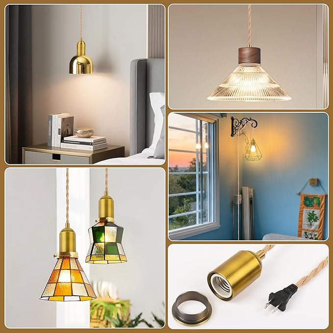 Plug in Pendant Light Kit with Switch - 15 FT Braided Woven Rope Light Bulb Cord, E26 Socket, Vintage DIY Hardwire Swag Lamp Kit for Pendant & Hanging Lights, Hemp Color