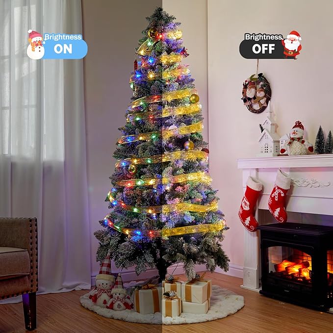 Christmas Tree Ribbon String Lights - 33ft 100 LED Battery Powered Fairy Lights with Timer and 8 Lighting Mode, Ribbon Bows Lights for 6ft - 8ft Christmas Tree New Year Decor, Gold Ribbon, Multi-color