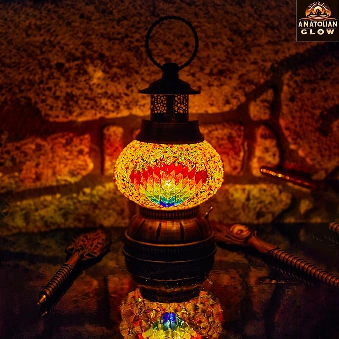 Portable Turkish Mosaic Lamp – Handmade Tiffany-Style Glass Light with Bronze Base and LED Bulb – Battery Powered Bedside Decor Lamp (Leaf Pattern) – Globe Size 6.5"
