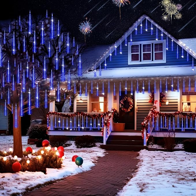 KNONEW Christmas Lights Outdoor, 15 inch 24 Tubes 672 LED Meteor Shower Lights Plug in Waterproof Falling Rain Light for Xmas Tree Wedding Party Garden Holiday Rooftop Decorations (Blue)