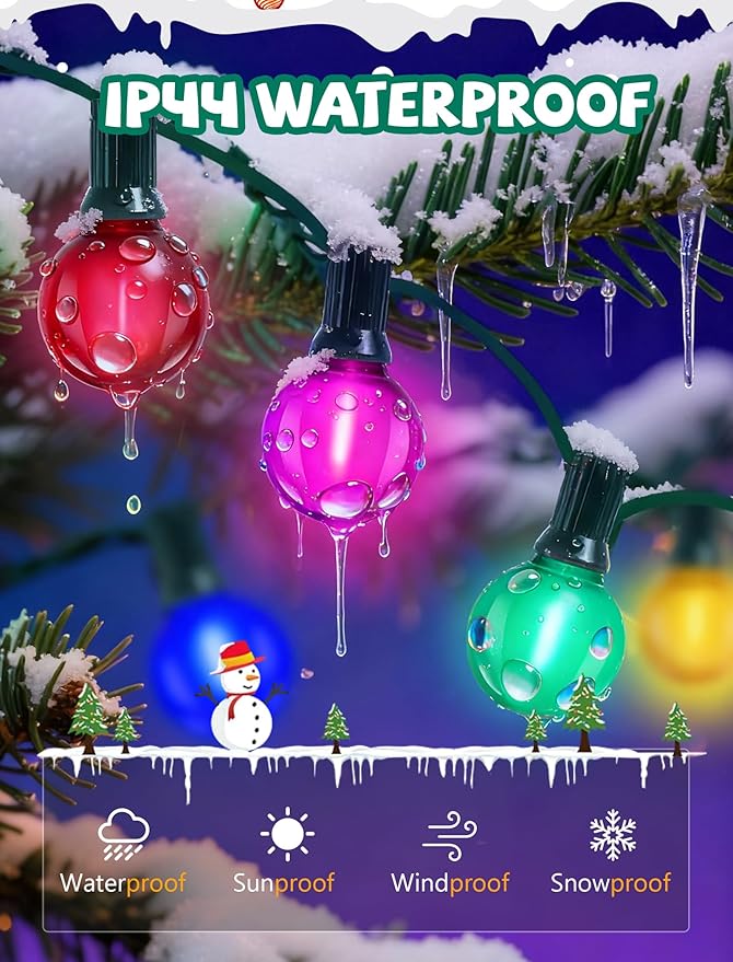 50Ft Outdoor Multicolor Christmas Lights, G40 Frosted Globe Patio String Lights with 27 Ceramic Colorful Bulbs(2 Spare), Connectable Vintage Christmas Bistro Lights for Holiday Party Backyard Christma