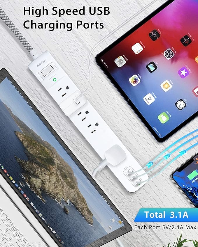 15FT Long Cord Power Strip - Extension Cord Surge Protector, 5 Widely AC Outlets 3 USB Ports, Wall Mount, Flat Plug with Overload Surge Protection for Home, Office, Dorm Room Essentials (2 Pack)