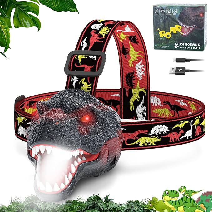 Dinosaur Headlamp for Kids Flashlight Rechargeable Led Headlights Roar & Silent Mode, T-Rex Dinosaur Toys for Kids 3-5 4-6 5-7 6-8, Camping Gear, Easter Gifts for Boys Girls Adults