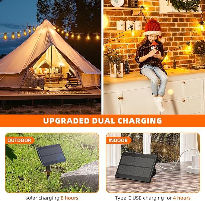 Kawaya Solar Powered String Lights for Outside, Outdoor IP65 Waterproof LED Patio Light with USB-Charging, Shatterproof Edison Hanging Lights for Bistro Yard Cafe Porch Camping (Solar-Power 100FT)