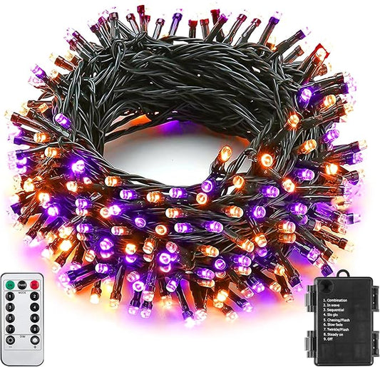 Orange Purple Halloween String Lights Outdoor 100LED Battery Operated Fairy Lights with Waterproof Remote Timer String Lights for Garden Party Holiday Halloween Décor