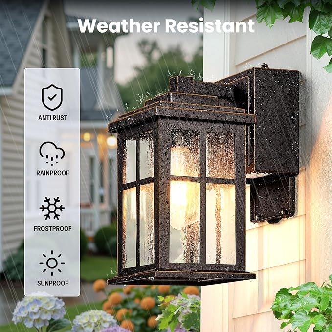 Gleamz Outdoor Porch Light with GFCI Outlet, Oil Rubbed Bronze Gold Trim Farmhouse Exterior Lighting Fixtures Wall Mount for Garage, Anti-Rust Outside Lights for House with Outlet, Outdoor Wall Sconce