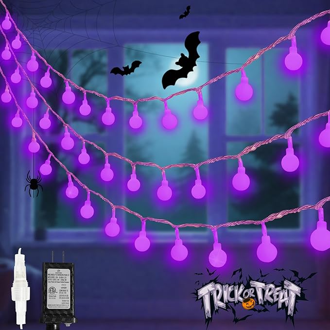LORRYTE Connectable Purple Halloween Lights Outdoor Indoor - 43FT 100LED Globe String Lights Plug in with Timer, 13 Modes Fairy Light Waterproof for Party Halloween Decorations Bedroom Decor