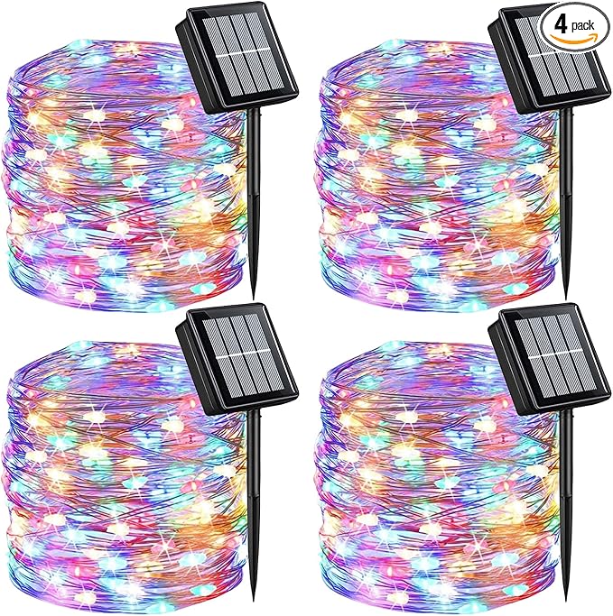 QITONG 4 Pack Multicolor Solar Christmas Lights Outdoor Waterproof, Each 33ft 100 LED Fairy Lights, 8 Modes Silver Wire Mini Twinkle Lights
