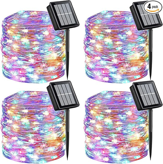 QITONG 4 Pack Multicolor Solar Christmas Lights Outdoor Waterproof, Each 33ft 100 LED Fairy Lights, 8 Modes Silver Wire Mini Twinkle Lights