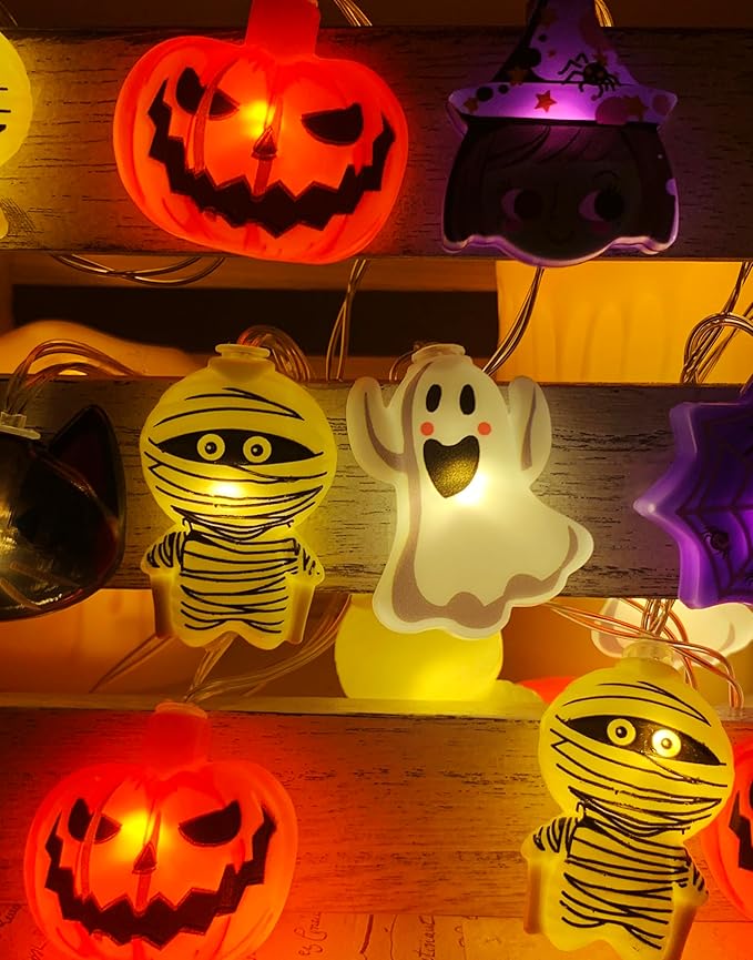 Halloween String Lights with Battery-Powered Decoration Featuring Mummies, Ghosts, Spiders,Witch, Skeletons, Witches, Black Cats-Cute Indoor Party Ornaments for Festive Decoration.（8 Elements）