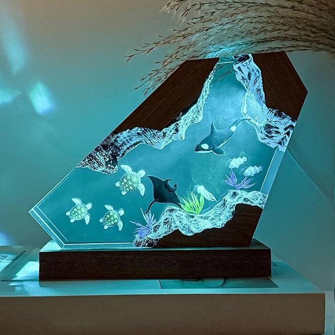 Orca Ocean Resin Lamp, Handmade Wooden Table Resin Night Light, USB Port Art Ornaments for Home Office Decor, Scuba Diver Gifts for Birthday Holiday, Unique Thanksgiving Day and Christmas Gifts