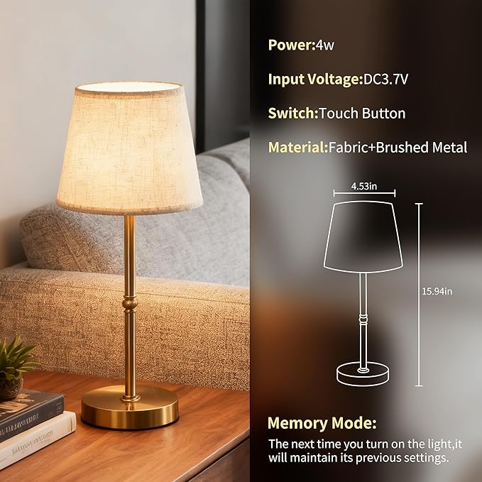 2-Pack Cordless LED Table Lamp, 6000mAh Rechargeable Battery Operated Desk Lamp, 3-Level Dimming Metal Portable Nightlight for Restaurant, Bedroom, Bar, Patio, Gold