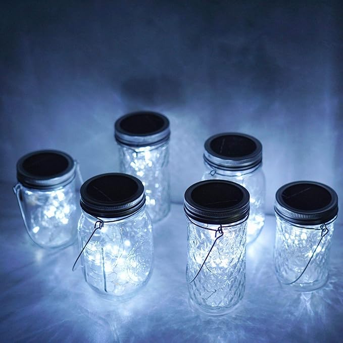 Solar Mason Jar Lights, 6 Pack 20 LED Fairy String Lights with 6 Hangers (No Jars), Waterproof Firefly Lights Lantern for Outdoor, Wedding, Patio, Garden, Party, Christmas Decor (Cold White)
