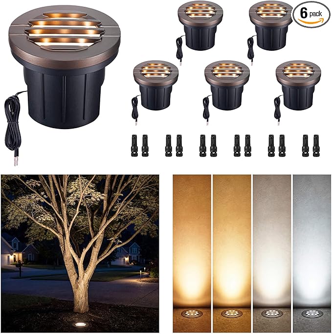 Landscape Well Light, LED Low Voltage In Ground Lights, IP67 Waterproof 12V Outdoor, Grill Top 6W 350LM Aluminum ORB for Sidewalk & Driveway 6 Pack, Color Temp Random: 3000K or 5CCT