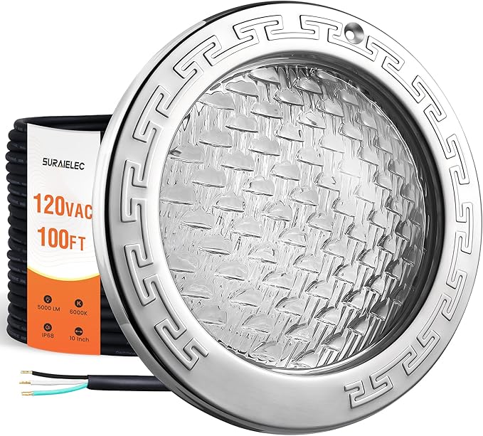 SURAIELEC 10 Inch 120V LED Pool Lights for Inground Pool, 5000 Lumen Cool White Inground Pool Light, 50W LED (500W Equivalent), Fits 10" Wet Niches, 100 FT Cord, Ultra Bright Upgrade