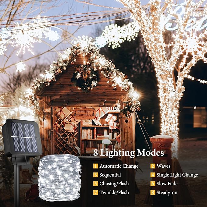 OHLUX Solar String Lights Outdoor,Each Pack 100LED 33FT Decorative Fairy Lights Waterproof 8 Modes Copper Wire Sun Powered Firefly Lights for Outdoor Wedding Patio Garden Trees Party(Daylight/2PACK)