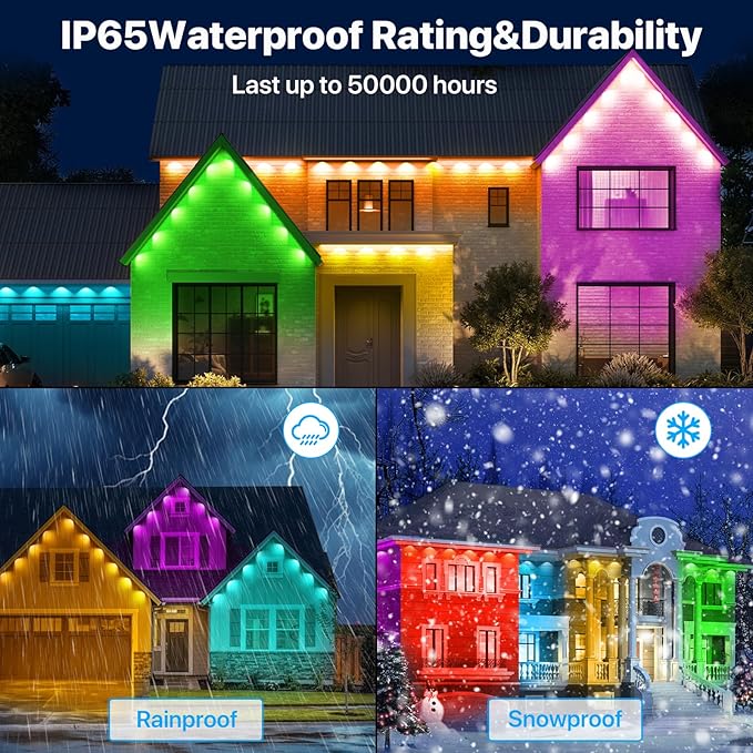 Permanent Outdoor Lights,50FT RGB+IC LED Lights with Smart APP & Remote Control, 72 Scene Modes, Waterproof IP65 for Holiday,Christmas,Yard Decorations(Extension Cord Not Included)