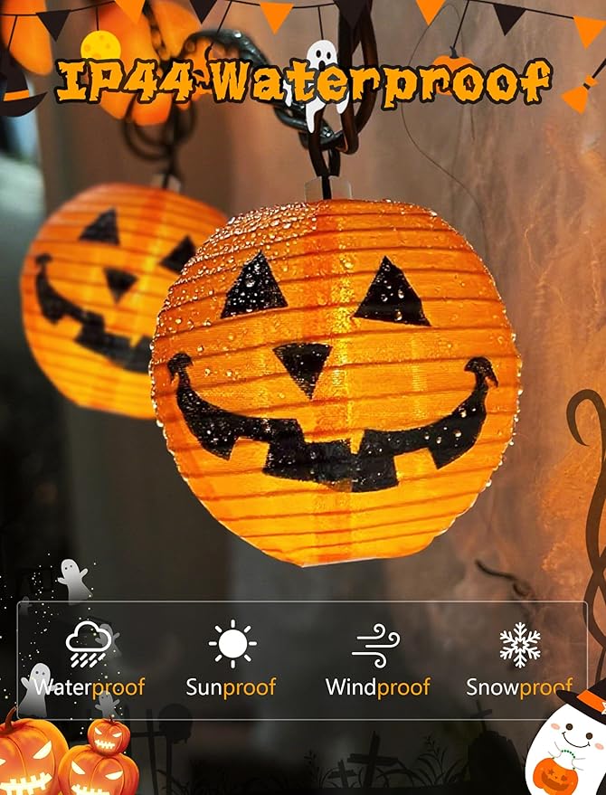 Halloween Outdoor Pumpkin String Lights, 8.5FT 10 Jack-o’-Lantern Lanterns with LED Bulbs, Connectable Waterproof Halloween Lights for Yard Patio Porch Garden, UL Listed Energy-Saving Fall Decor