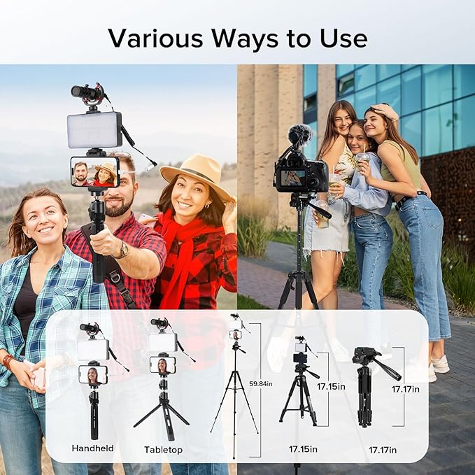 Vlogging Kit for iPhone, Android with Full Size Tripod, Tripod, Phone Stand, LED Light and Shotgun Microphone for Video Calling, Vlogging, YouTube, Instagram, TikTok