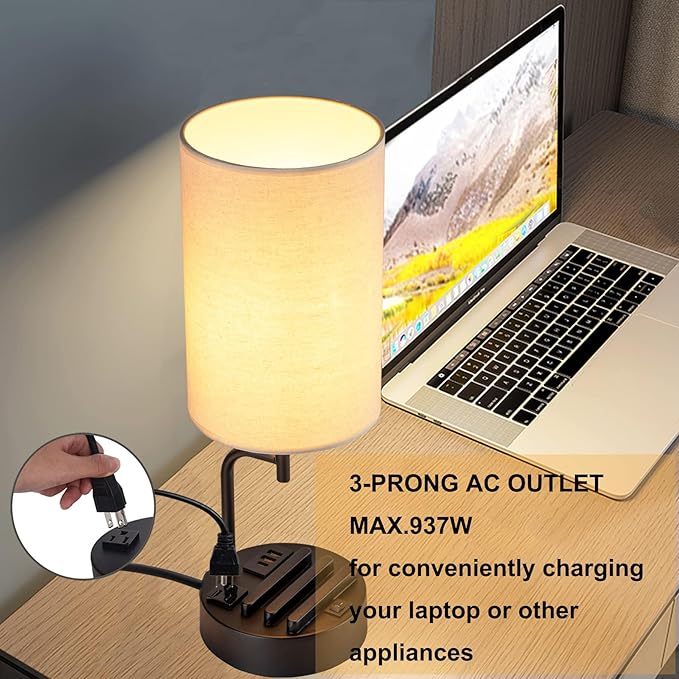 Dreamholder Table Lamp with 3 USB Charging Ports, Modern Desk Lamp with AC Outlet and Phone Stands, Perfect Bedside Lamp for Bedroom, Living Room, Office (Pack of 2), Cream