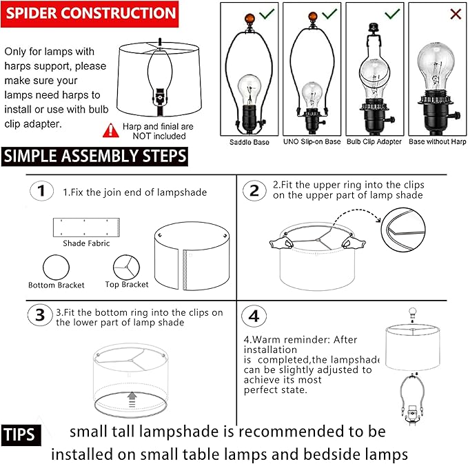 Small Lamp Shades Set of 2 Drum White Texture Lampshades for Table Lamps Wall Lamps-10"× 10"× 10" (Spider),Required Assembly-Cylindrical Lampshade for Pendant Light/Chandelier-By GO&SO