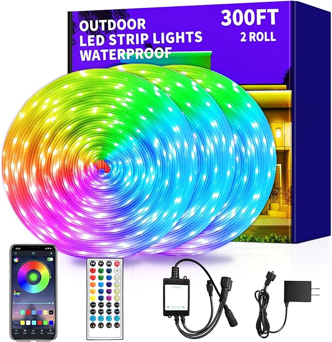 300ft Outdoor LED Strip Lights Waterproof,IP68 Outside Led Light Strips Waterproof with APP/Remote Control,Music Led Rope Lights for Bedroom roof Garden Staircase Parties（2 Rolls of 150ft）