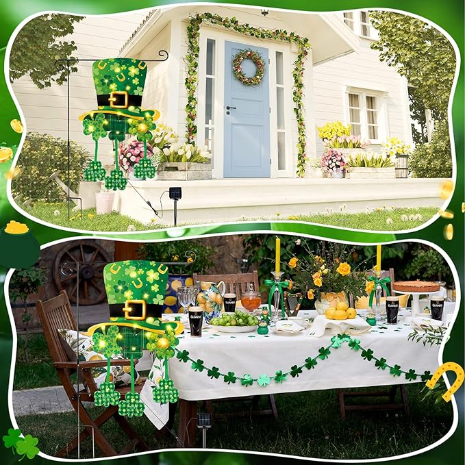VIHOSE Lighted St. Patrick's Day Garden Flag, 12 x 18 Inch 8 Modes Double Sided Solar Ireland Decorations, LED hat Clover Shamrocks Garden Flag, Lucky Outdoor Yard Decor for St Patrick Porch Lawn