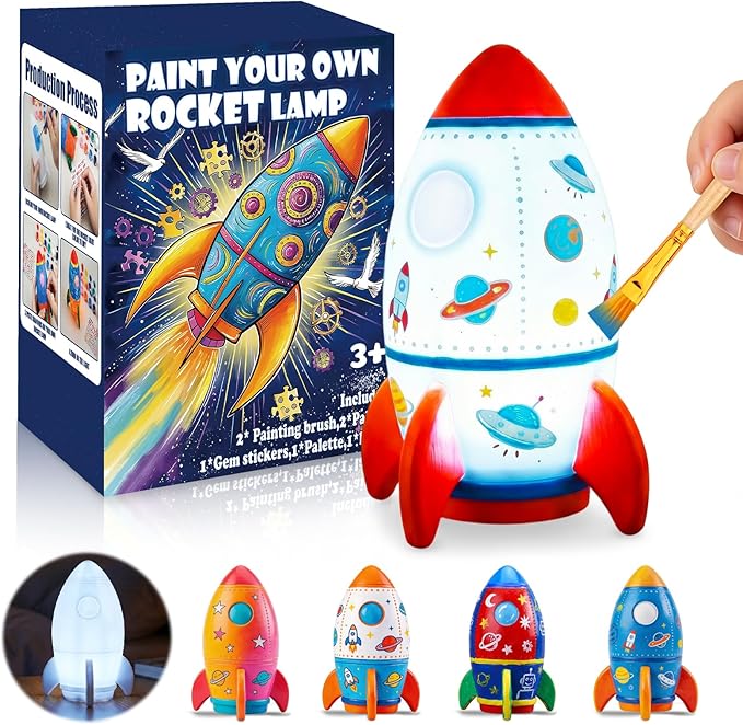 Paint Your Own Rocket Lamp - Art & Crafts Painting Kits for Kids, DIY Night Light, Creative Art Supplies School Activities, Birthday Easter Christmas Holiday Gift for Girls Boys Ages 4 5 6 7 8+